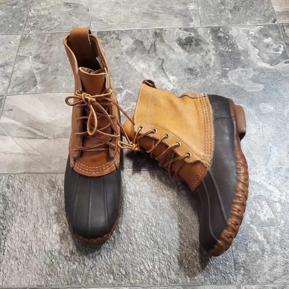 Vintage 70s L.L.Bean Maine Hunting Shoe Brown Tan Leather Rubber Duck Boots 7